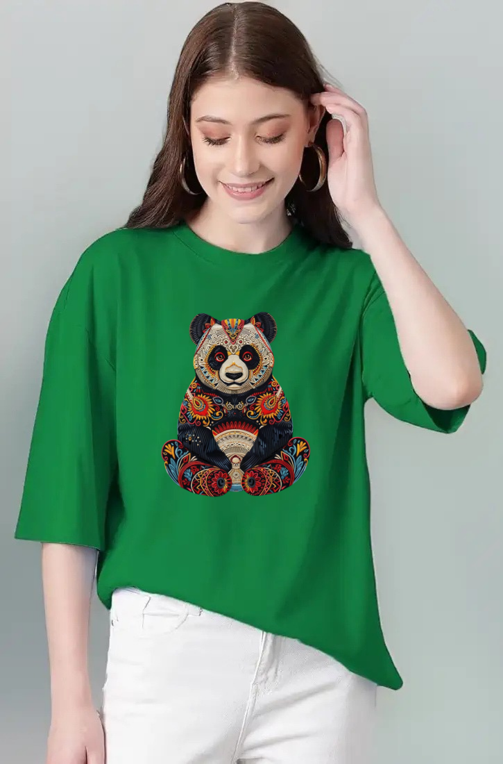 West Lane PANDA oversized round neck Green graphic t-shirt