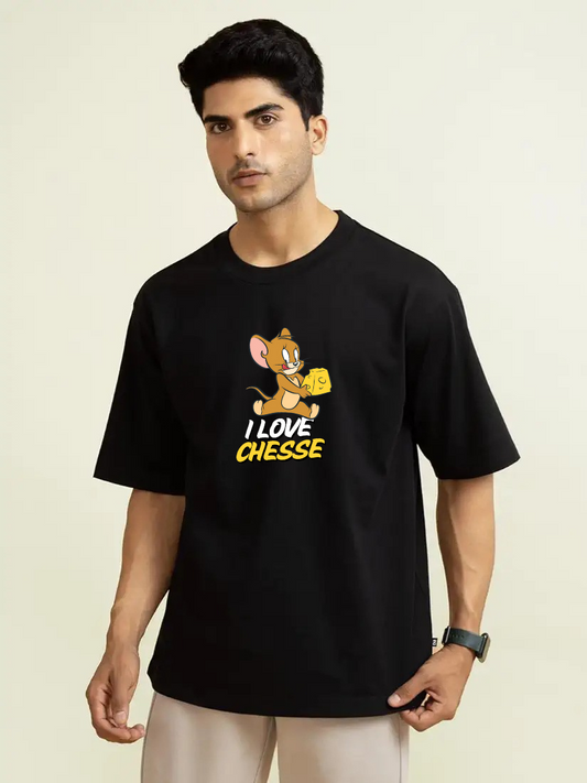 West Lane I LOVE CHEESE oversized men short sleeve round neck Black graphic t-shirt